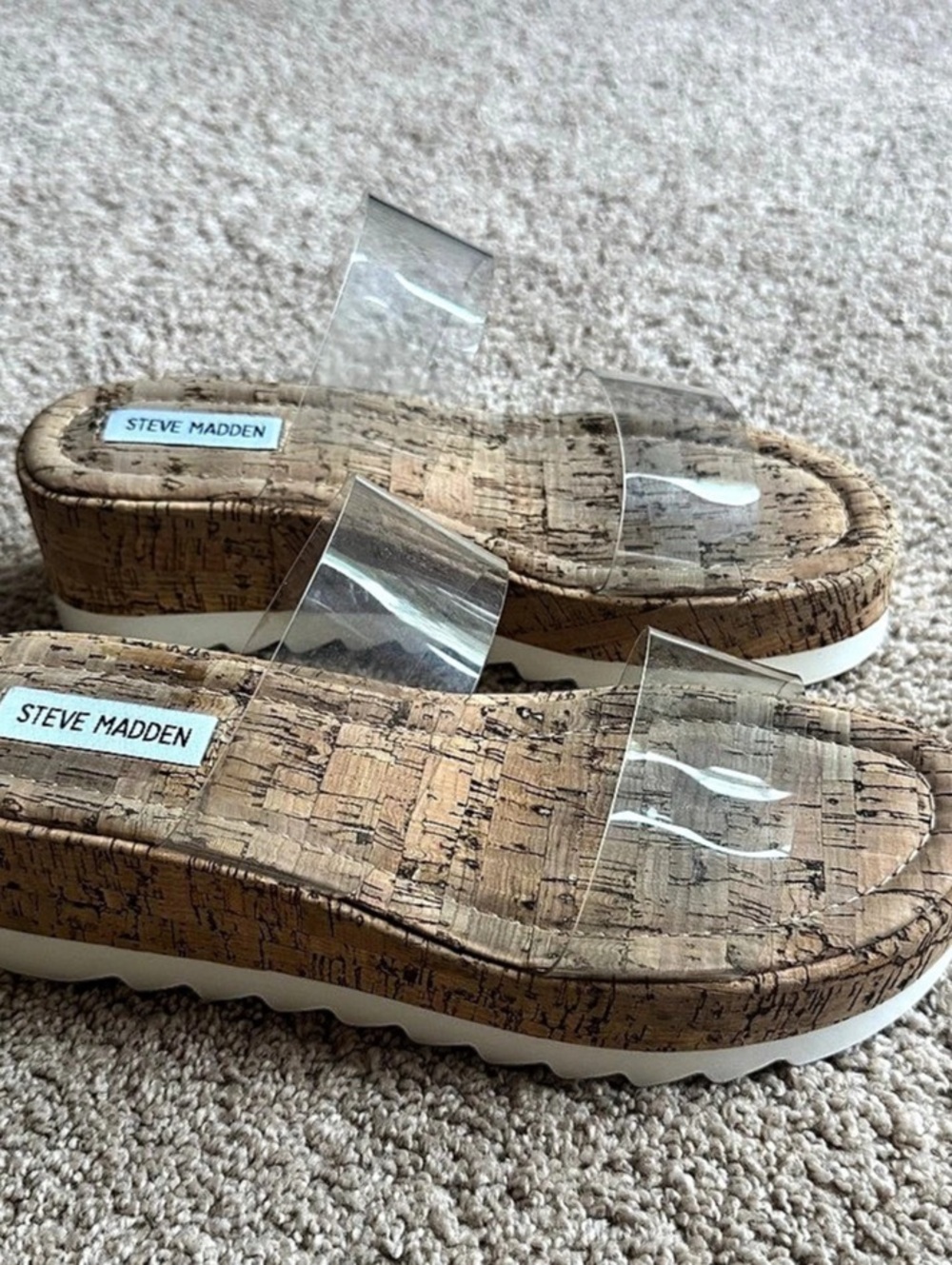 Steve Madden Cassi Cork Clear Platform Wedge Slide Sandal Brown & White